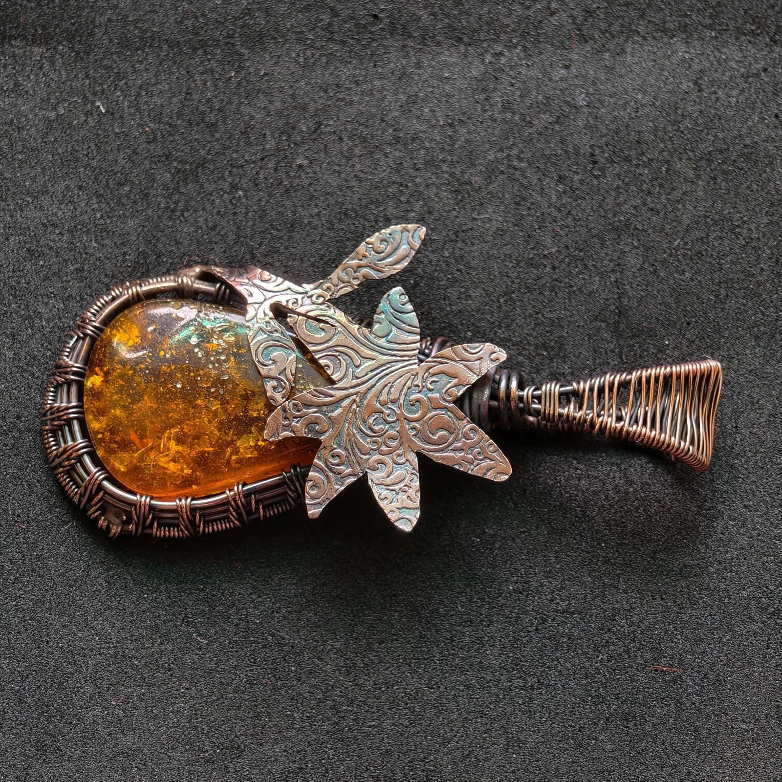 Baltic Amber Copper Wire Wrapped Pendant, Oxidized Handmade Necklace