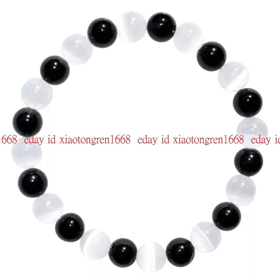 Natural Selenite & Black Tourmaline 8mm Bracelet 7.5″