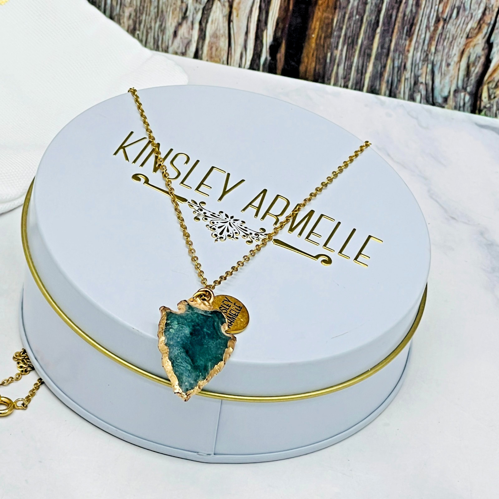 Kinsley Armelle Gold Toned Volcanic Rock Arrowhead Pendant Necklace w/ Box 16″