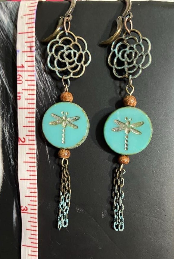 Boho huggie earrings dragonfly and wood beads 3.25in long, handmade hand painted