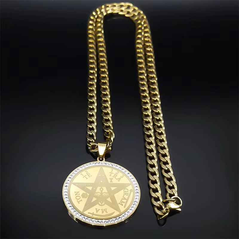 Tetragrammaton Hebrew Jewish Pentagram Necklace for Men Stainless Steel Crystal