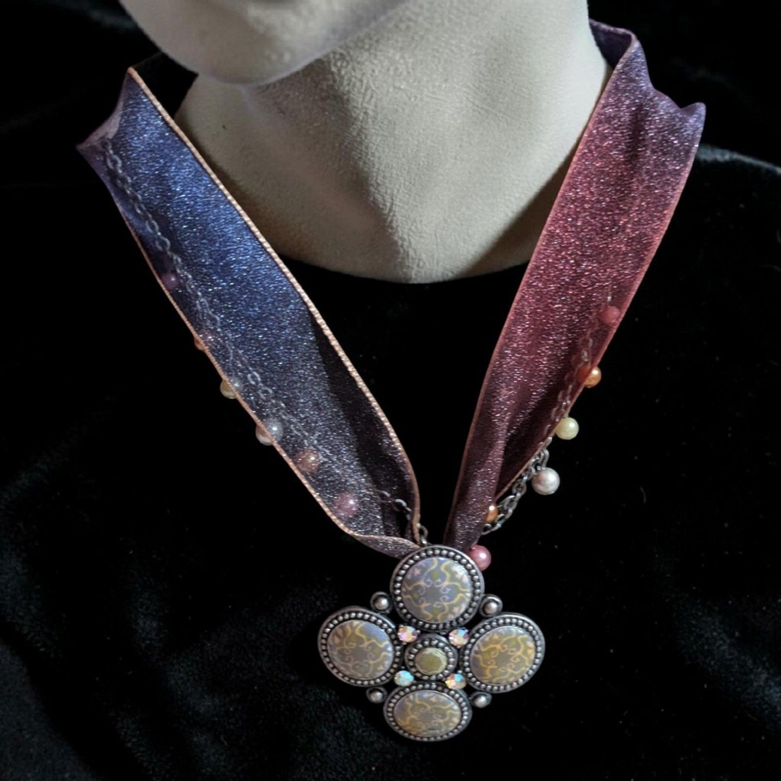 Boho Ribbon Choker Necklace Pink Purple Iridescent Pendant Fairycore Cottagecore