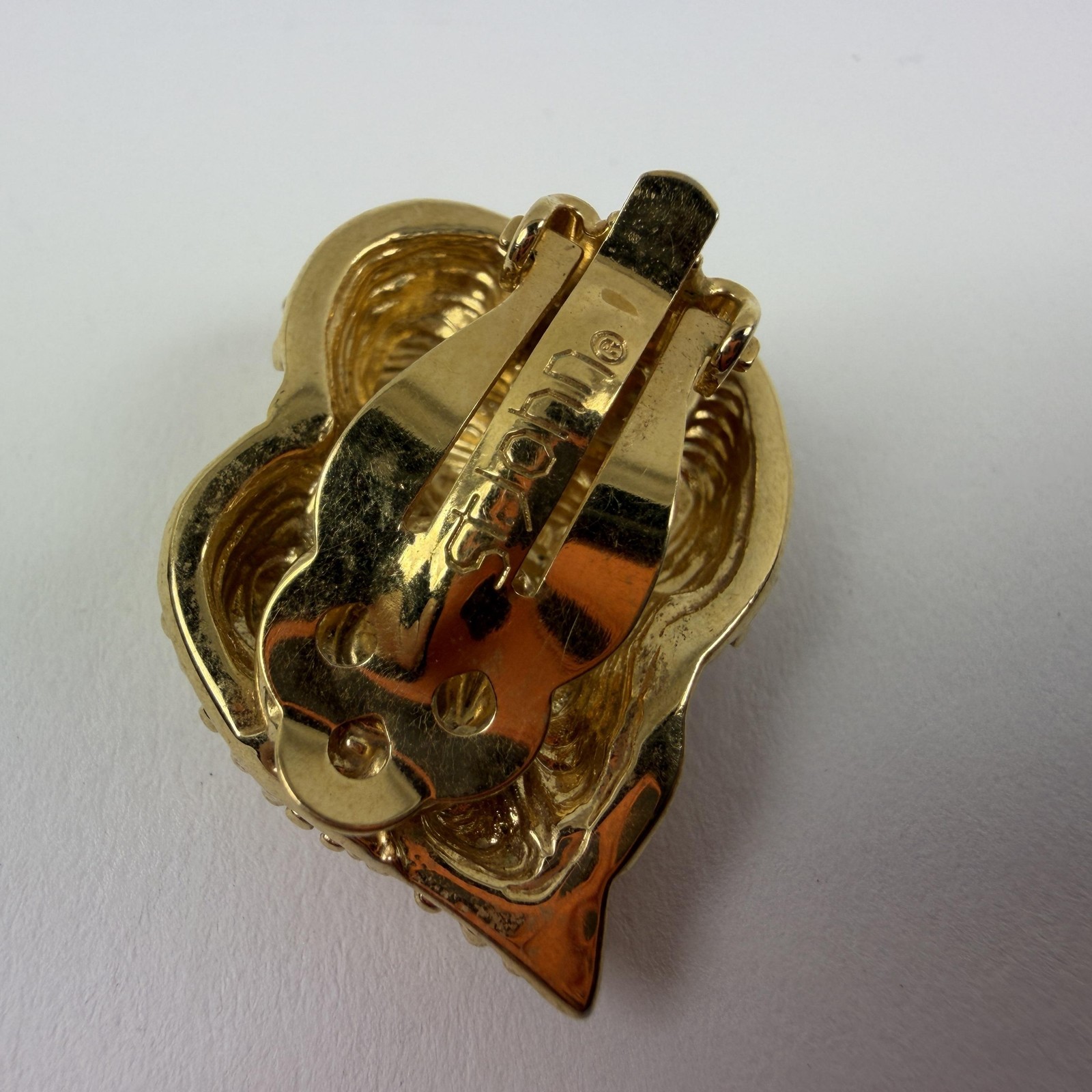 St John Earrings Gold Tone Textured Leaf Heart Clip On Designer Jewelry Women