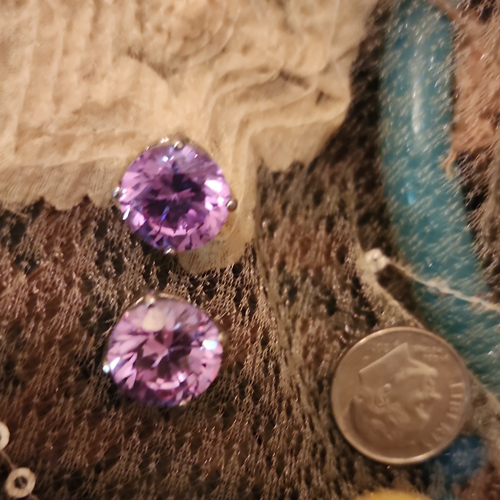 Purple Round Crystal Stud Earrings Prong Set Silver