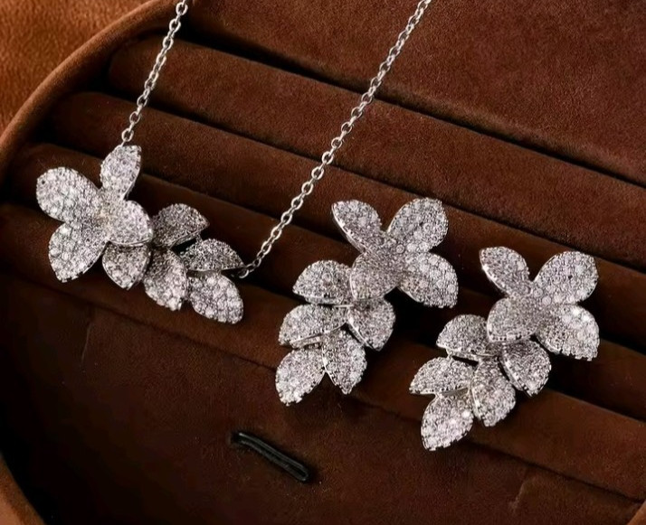 Luxury Blue Ocean Wave Crystal Flower Necklace Earring Hot Bridal Wedding set
