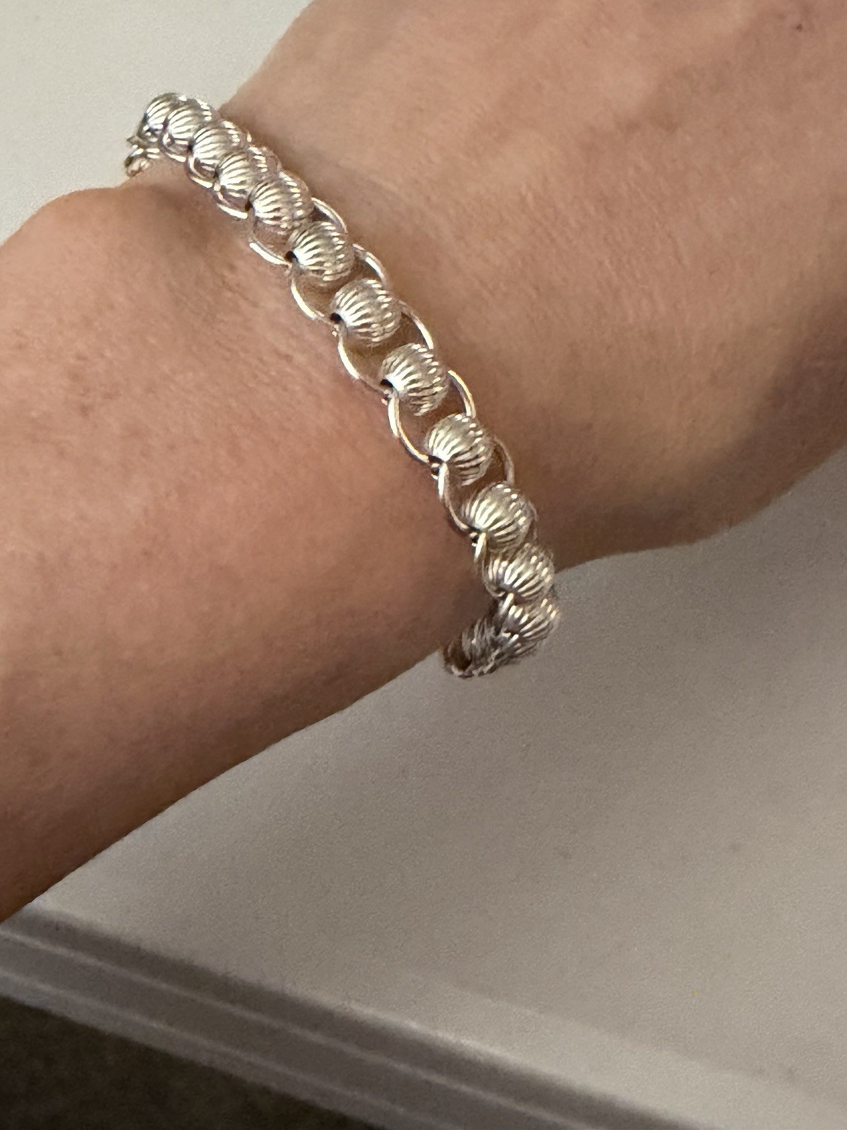 Sterling Silver 925 Ridged Ball Bead Link Bracelet 6.5 Inches Lobster Claw