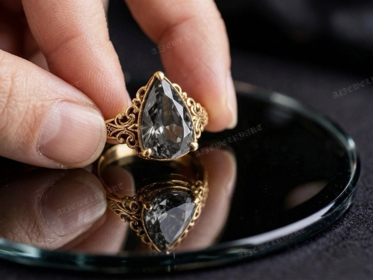 Pear Cut Grey Spinel Ring 925 Sterling Silver Women’s Engagement Ring.