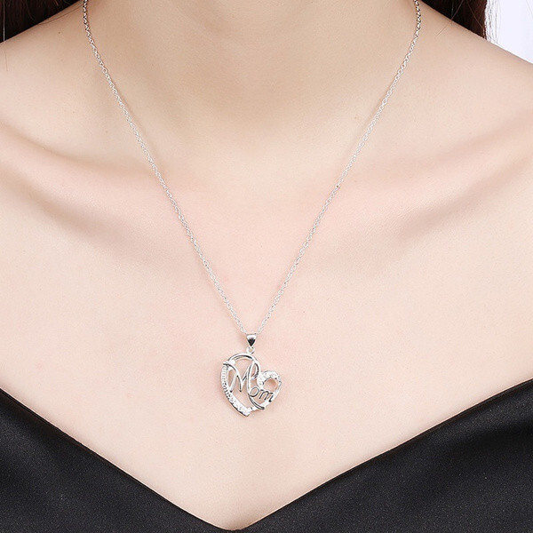 Silver Mom Love Heart Charm Pendant Chain Necklace Great Gift Mother’s Day, Mum