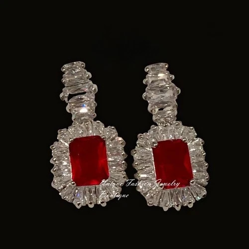 18k White Gold Plated Red Gemstone Drop Earrings Valentine’s Women Jewelry Gift