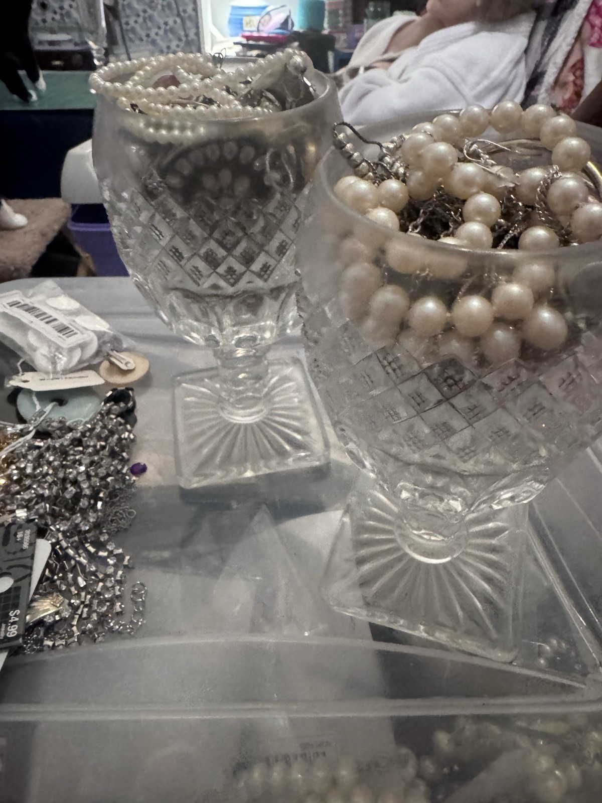 Mystery Jewelry jar 540 in 2 Clear Glass Goblets, Square Base, Diamond Pattern