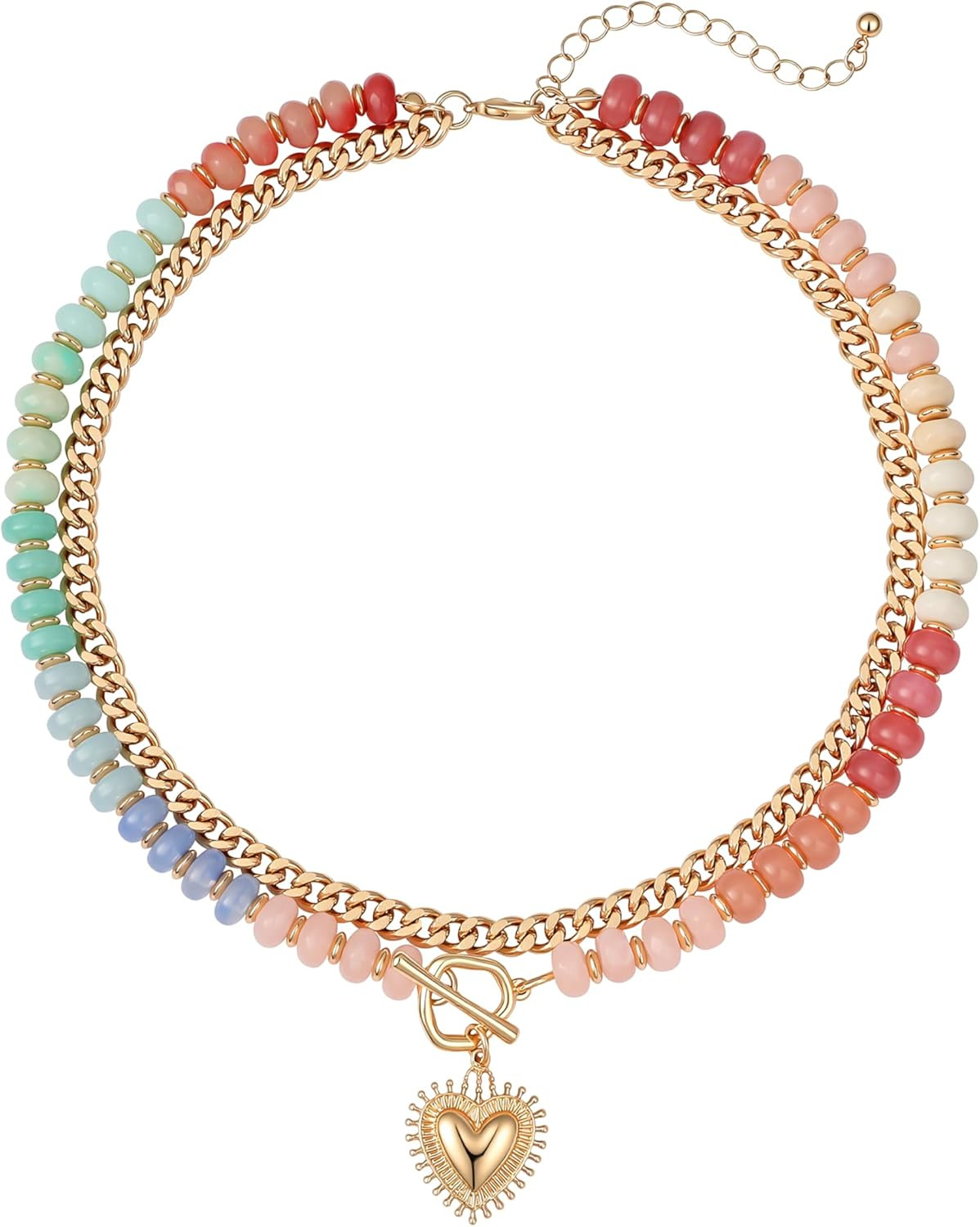 Double Layered Necklaces for Women,Colored Acrylic Beaded Choker,Gold Heart Char
