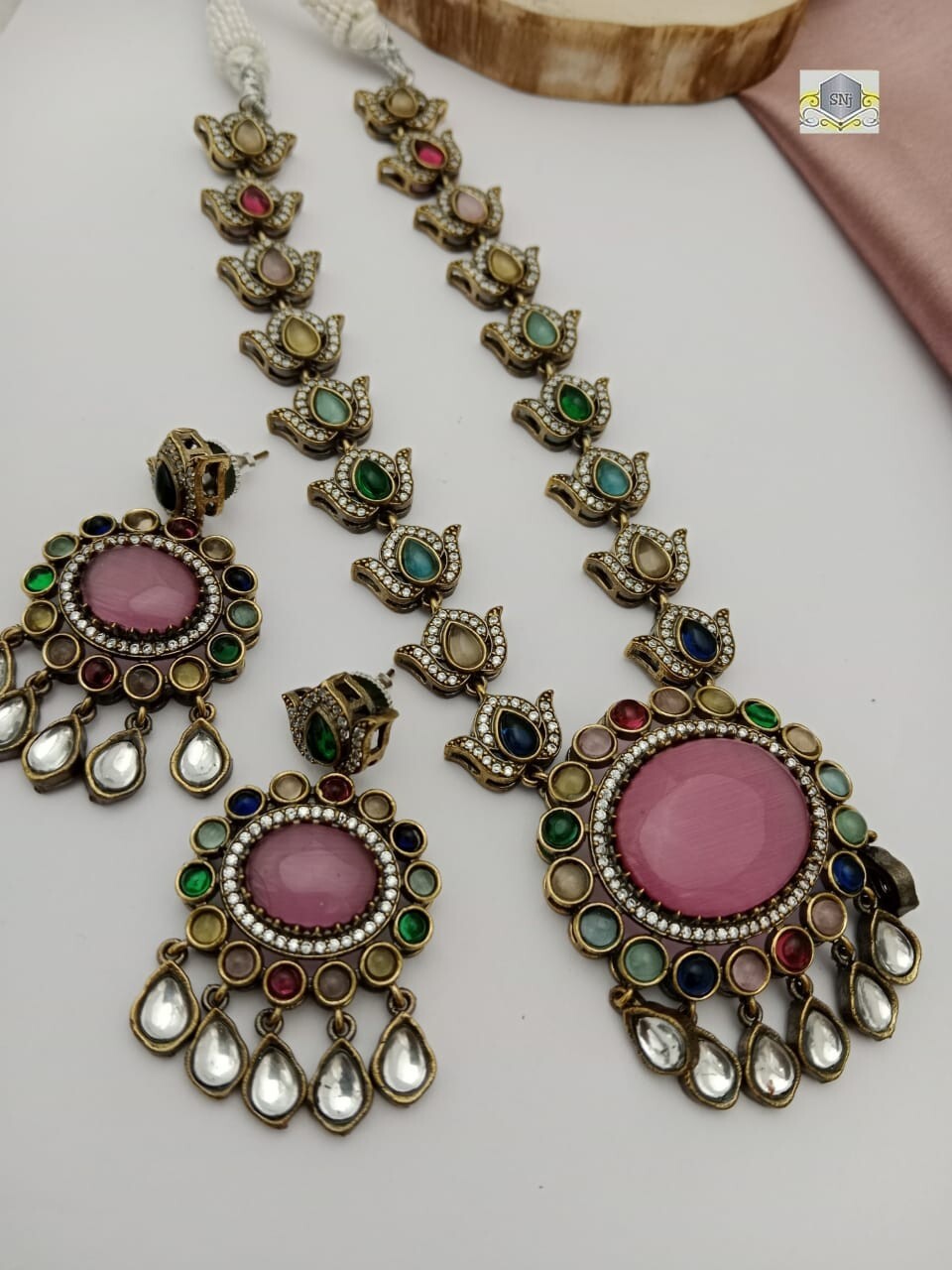 Navratan Handicraft Copper Plated Multicolor Drops & Danglers Polki Necklace Set