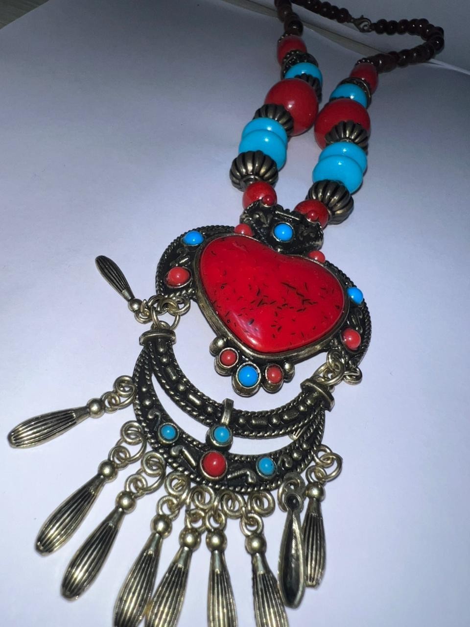 Vintage Tibetan Style Boho Statement Necklace Red Heart Pendant Ethnic Jewelry