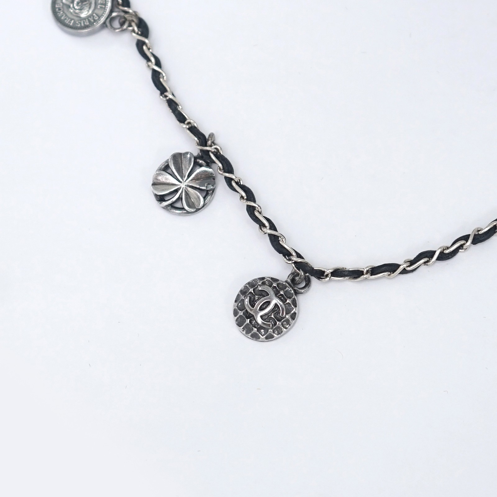 CHANEL Multi Charm Leather Clover Camellia Coin Necklace 16″ Gray Tone 96P Auth