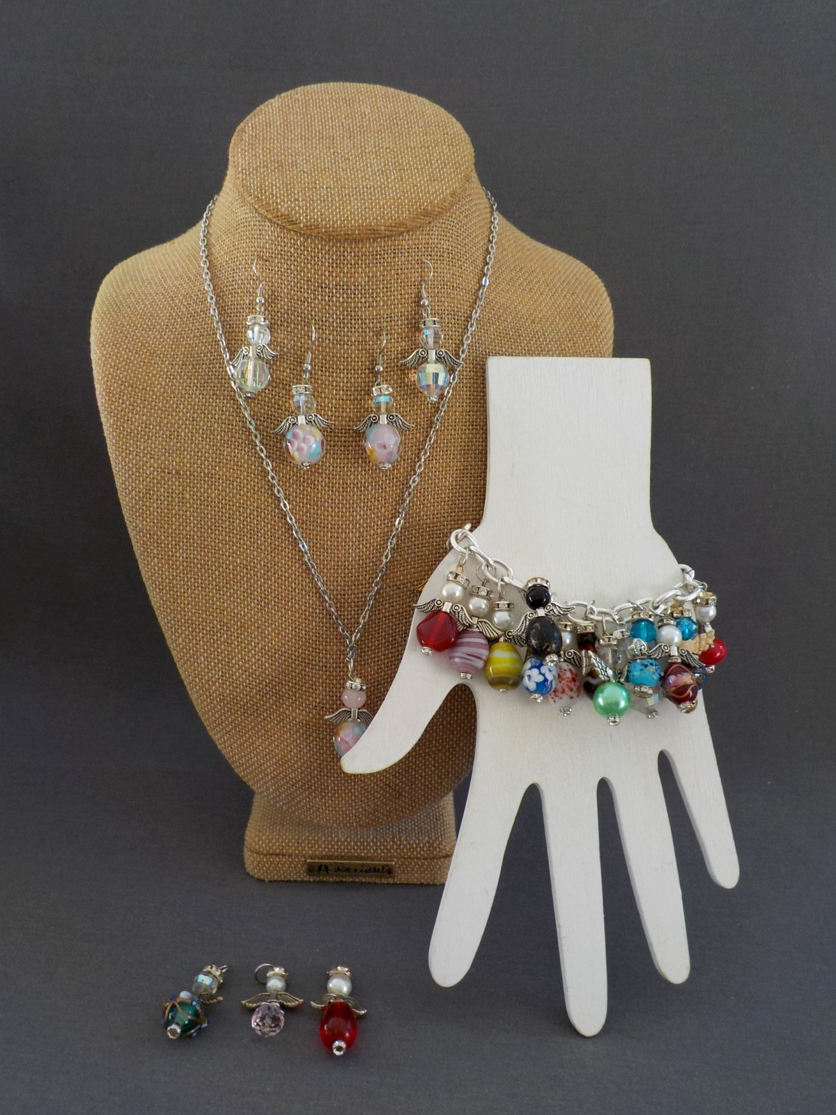 Angel Charms Necklace Bracelet Earrings Set Handmade Used Metal Glass Plastic
