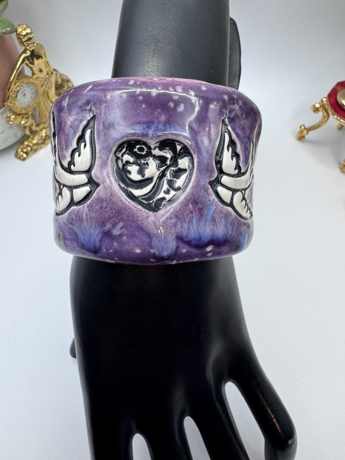 Rare signed SR ceramic bracelet, purple enamel, with heart and dove design