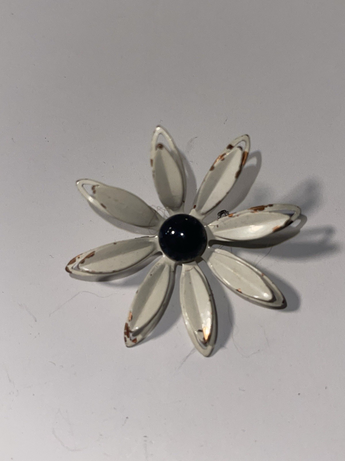 Silver Tone White Enamel Flower Brooch Pin w/ Black Center, Metal