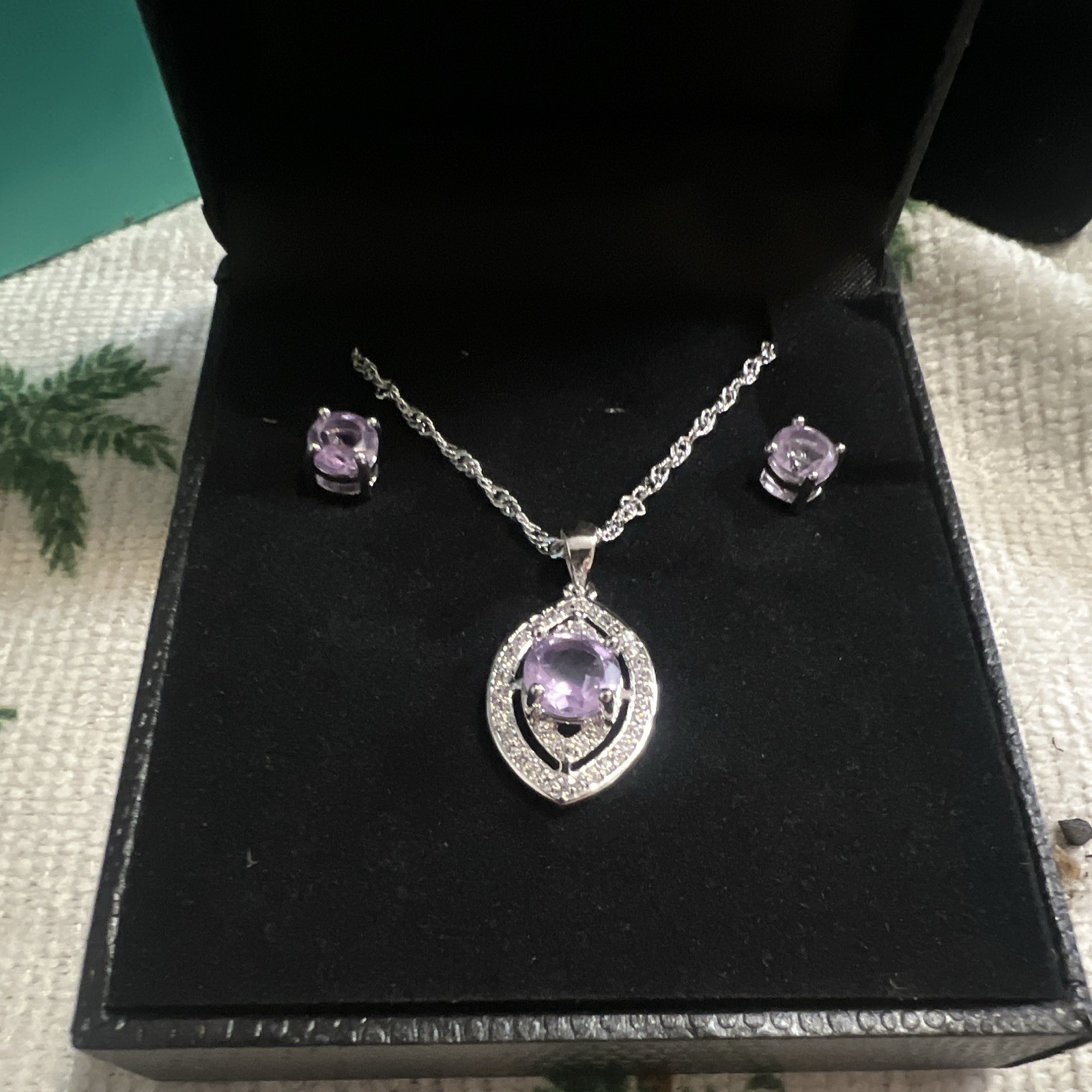 Silver Tone Purple Crystal Set: Necklace & Earrings, Round Crystal Stone