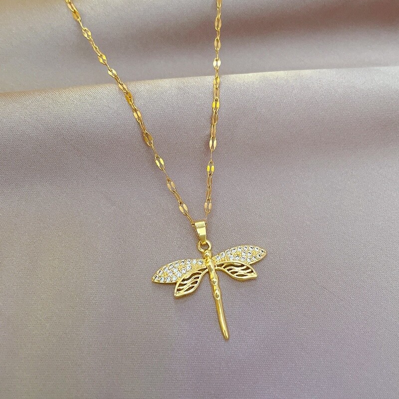 Women’s Fashion Jewelry Gold Cubic Zircon Dragonfly Pendant Necklace 427