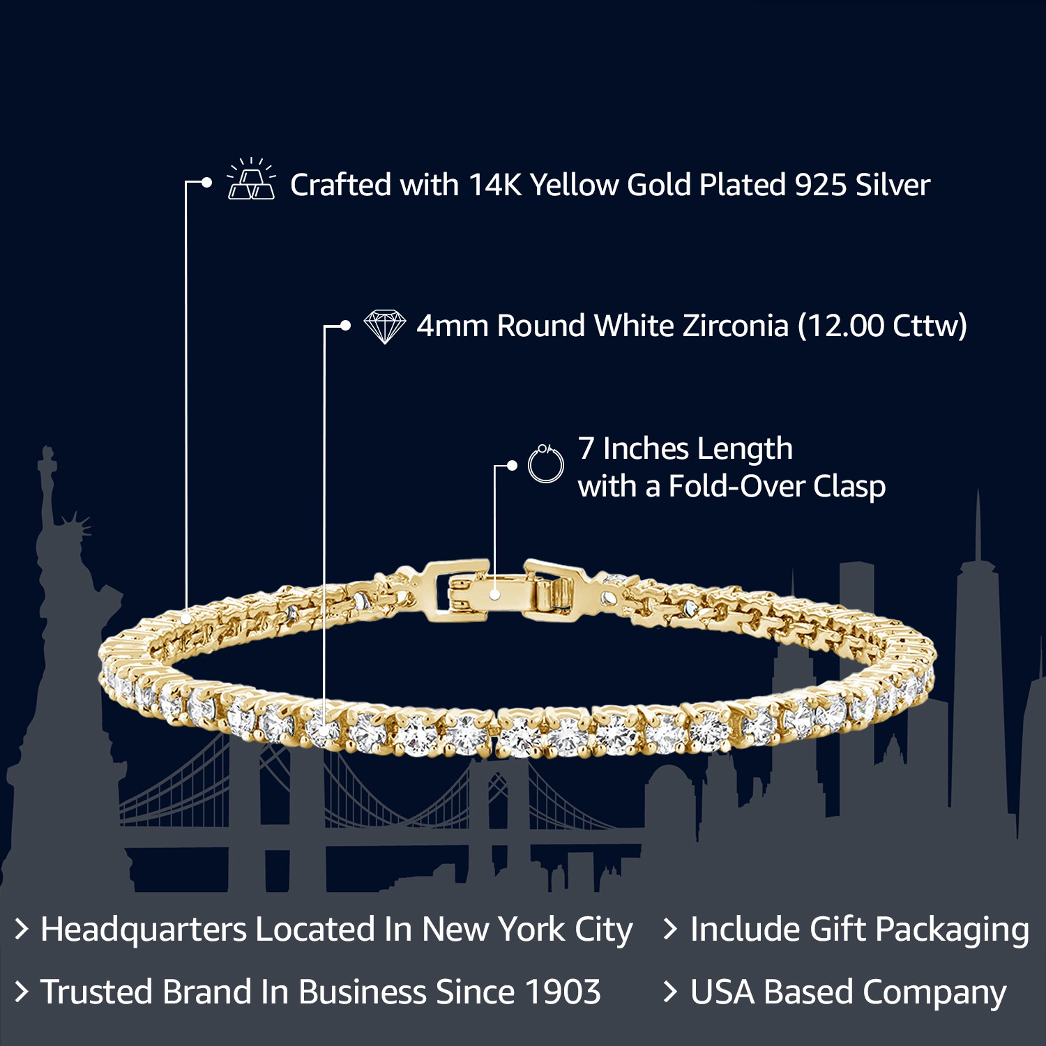 14K Yellow Gold Plated AAA CZ Cubic Zirconia Classic Tennis Bracelet For Women