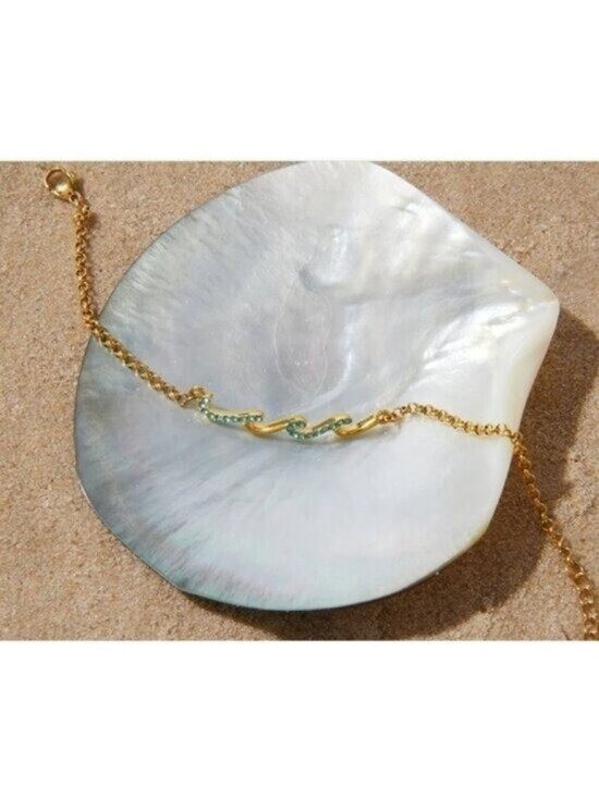 Ocean Wave Waterproof Gold Wave Bracelet Blue CZ Summer Jewelry Resort Wear