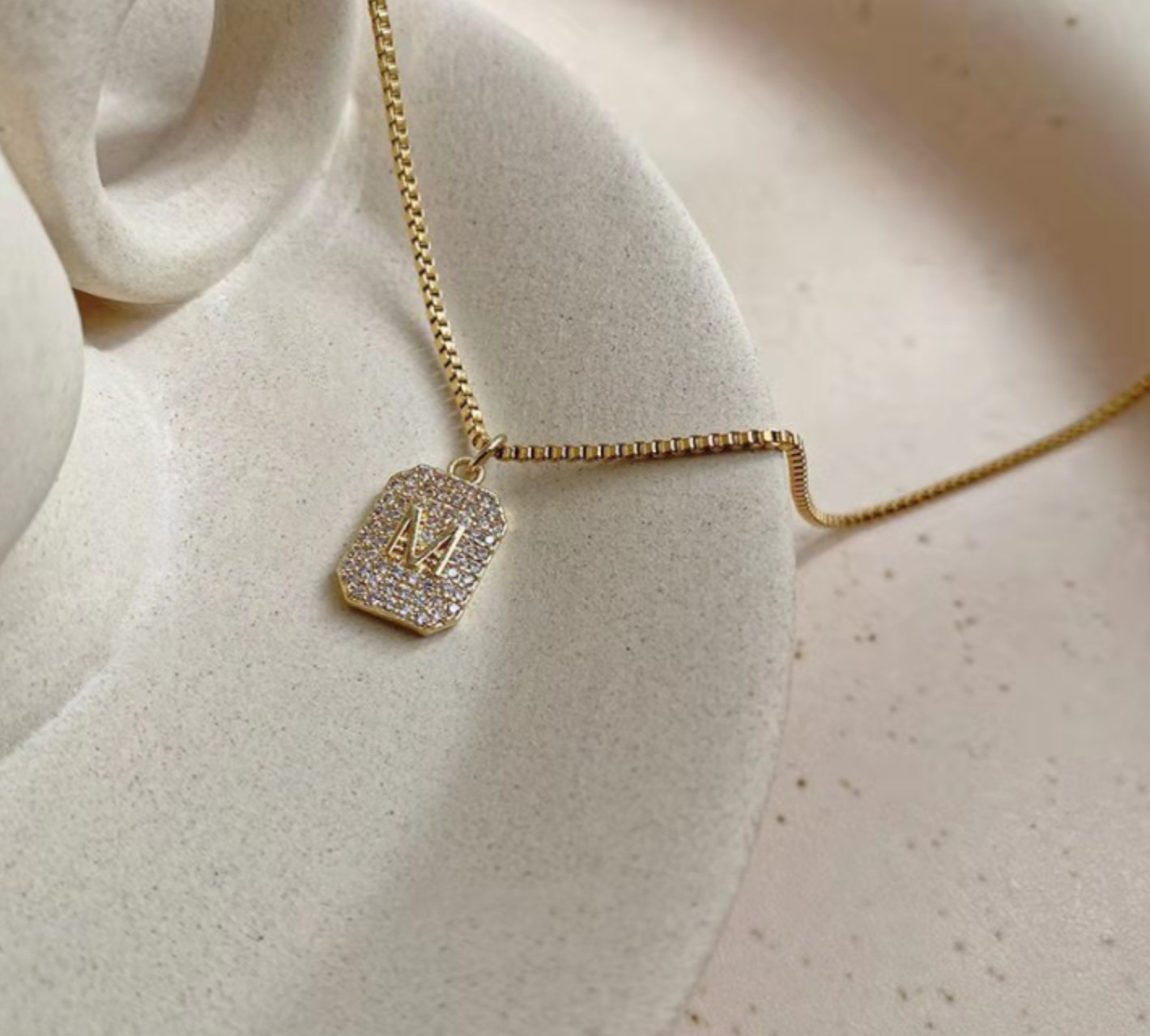Titanium Gold Rectangular M-Shape Pave Cubic Zirconia Pendant Chain Necklace