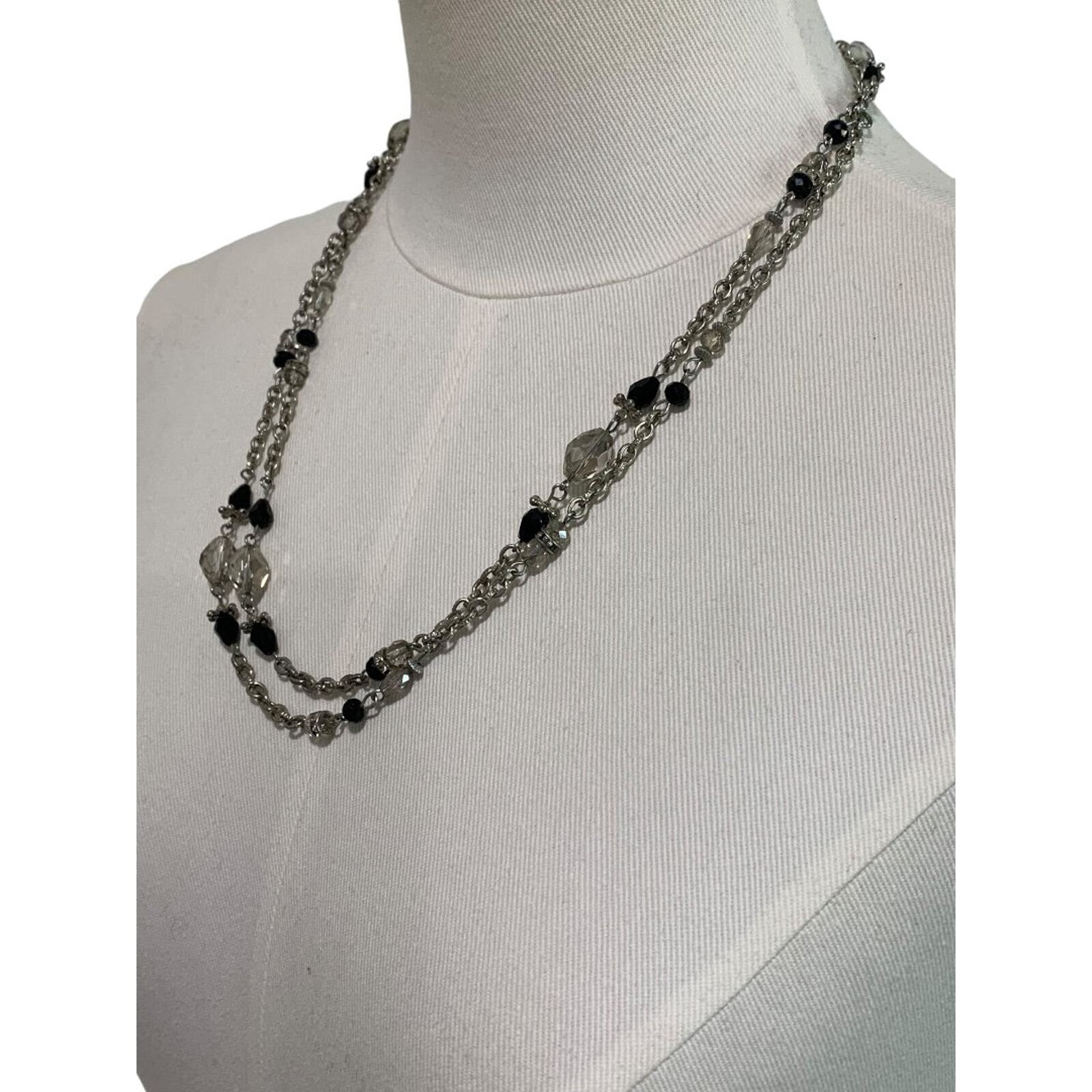 Long Strand String Necklace 42 Inches Silvertone Black Lobster Clasp