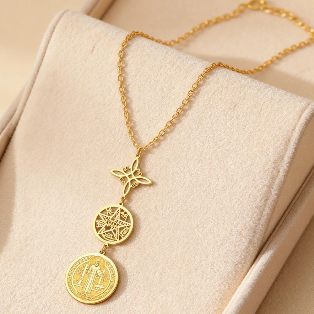 Stainless Steel Triple Protection Necklace Pentagram St Benedict Pendant