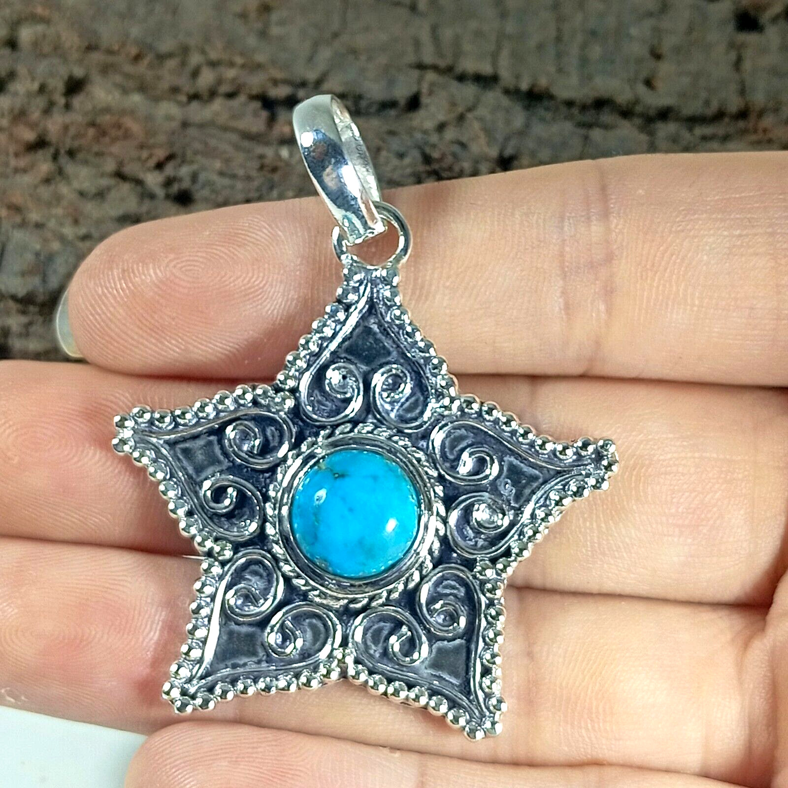 Tibetan Turquoise Gemstone Pendant 925 Sterling Silver Jewelry Pendant 1.97”