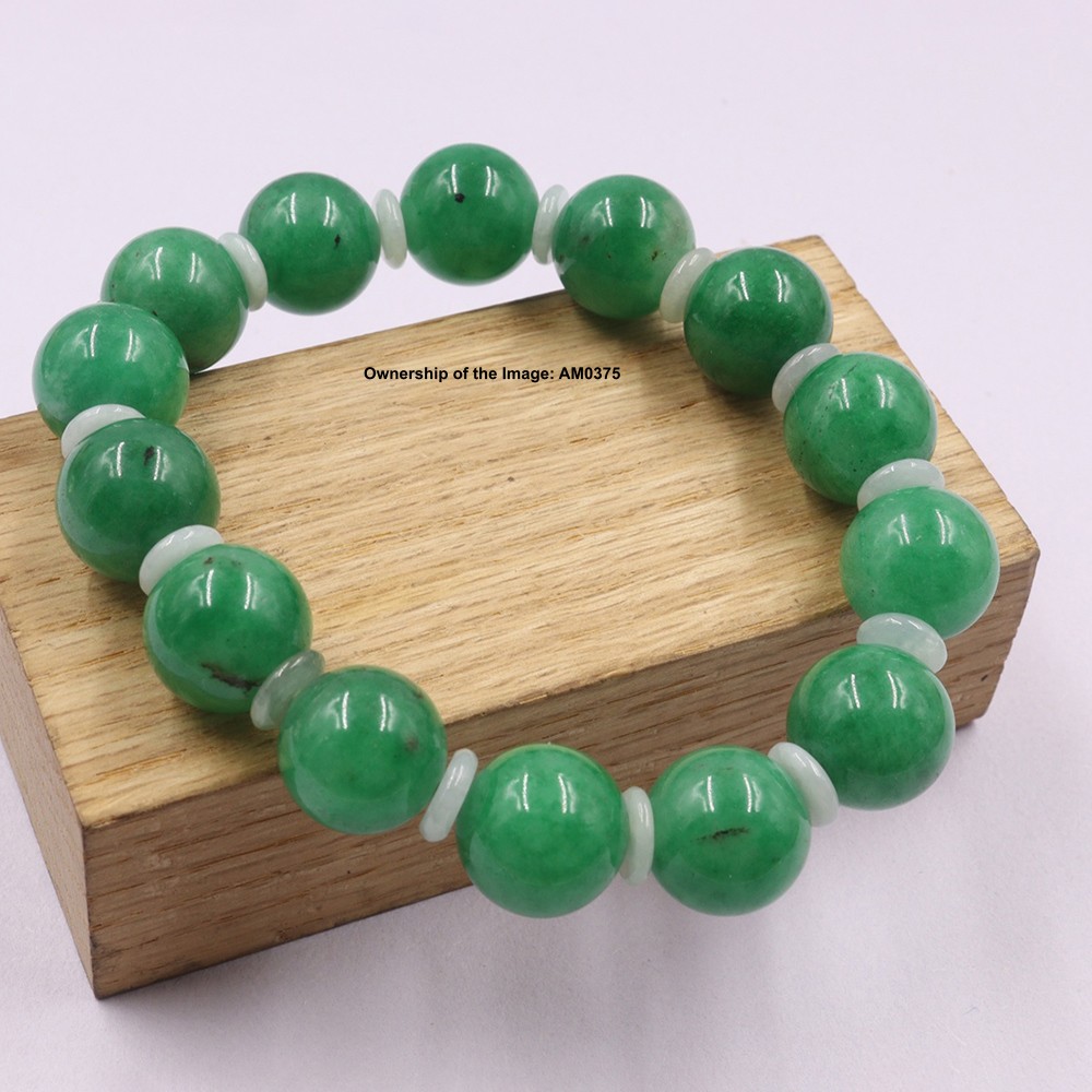 Chinese Heated Green Jade 12mm Round Bead Elastic Bracelet Fit 6.5″ Wrist