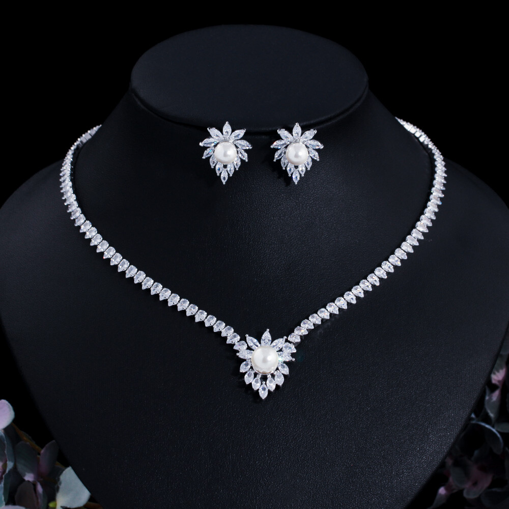 Silver Plated Long Drop Earrings Wedding Necklace Cubic Zirconia CZ Jewelry Set