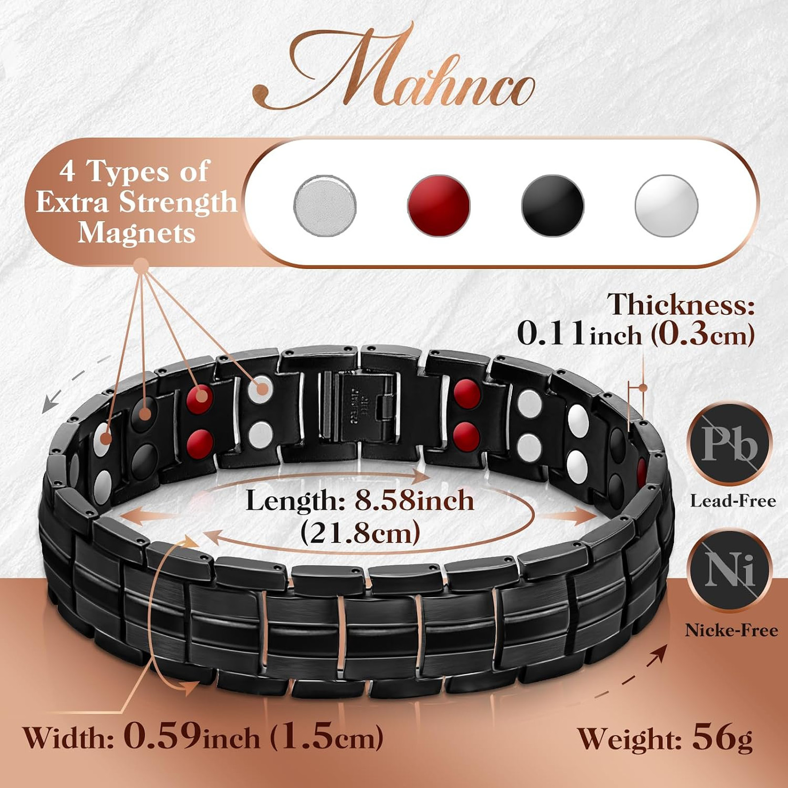 Mahnco Magnetic Bracelet for Men Adjustable Titanium Steel Double Rows with