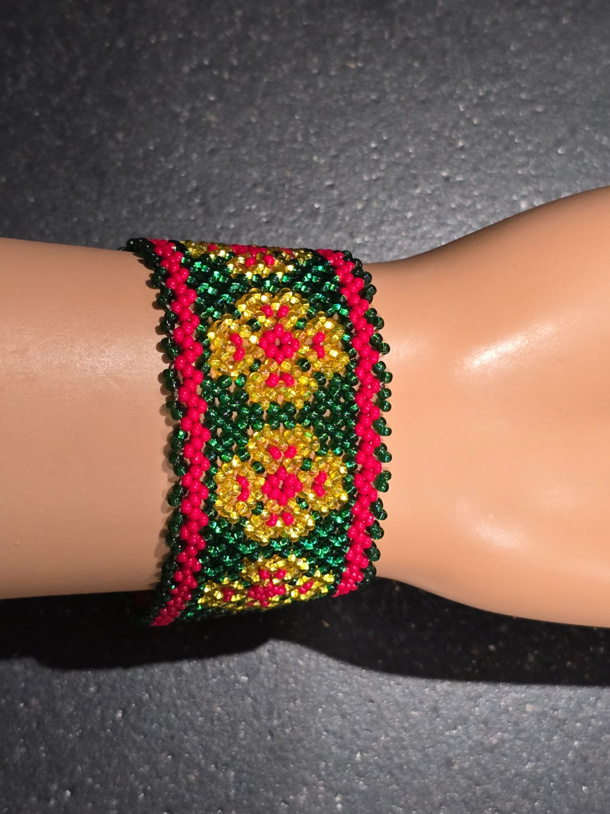 1 1/4 Inch Wide Seed Bead Bracelet, Multi Colored Geometric Pattern