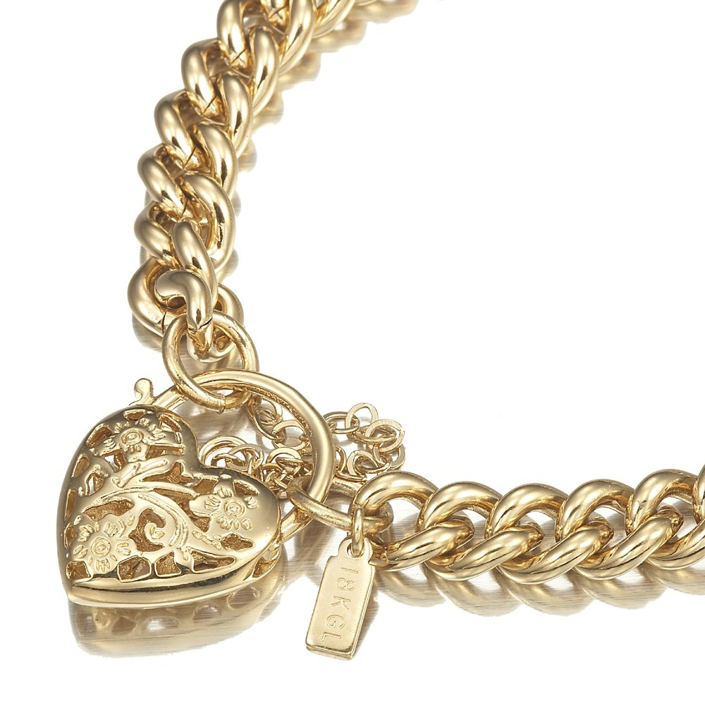 18K GL Solid Curb Gold Bracelet with Filigree Heart Padlock