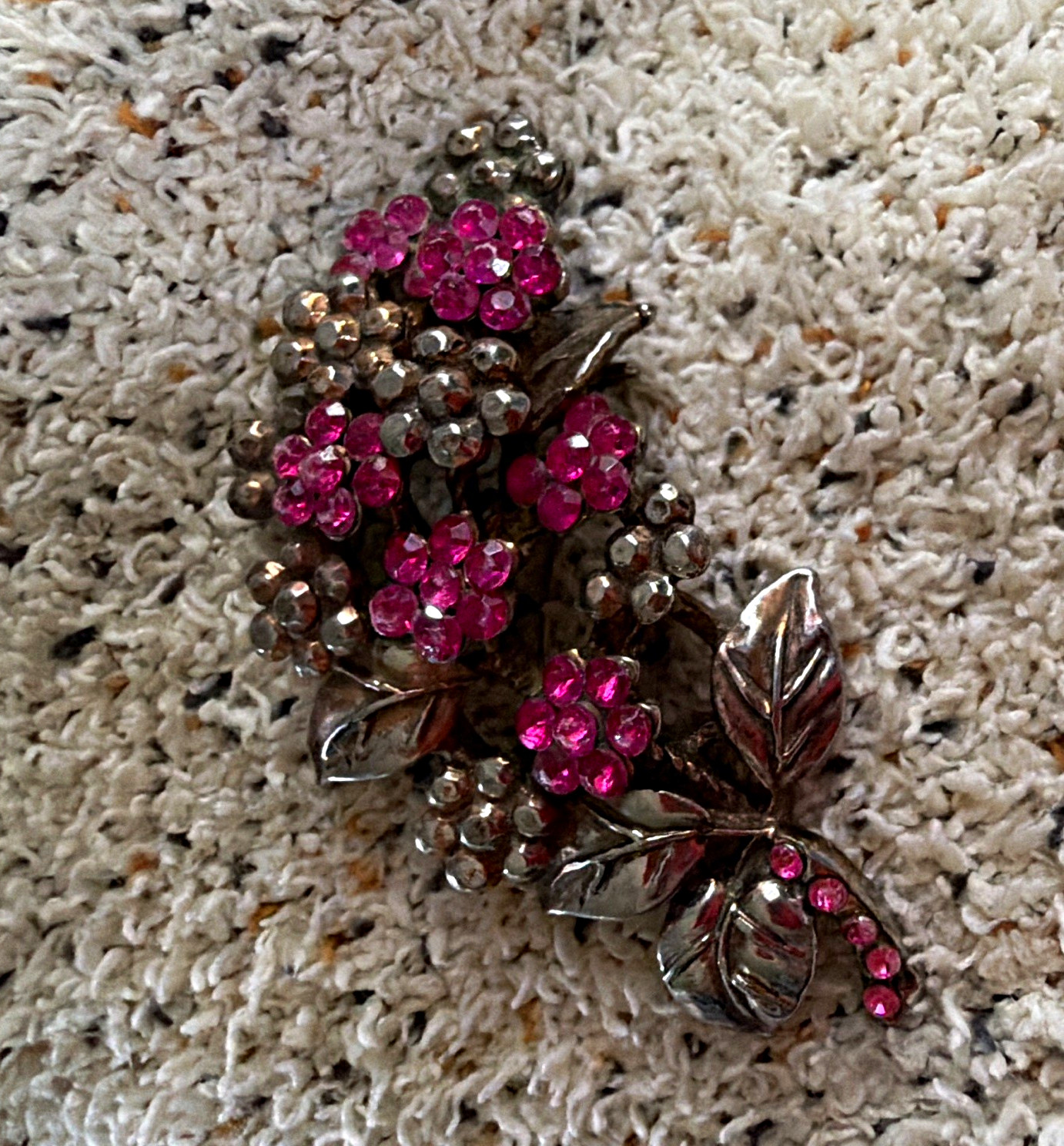 Silver Tone Flower Brooch Pin Pink Round Rhinestone Cluster Floral