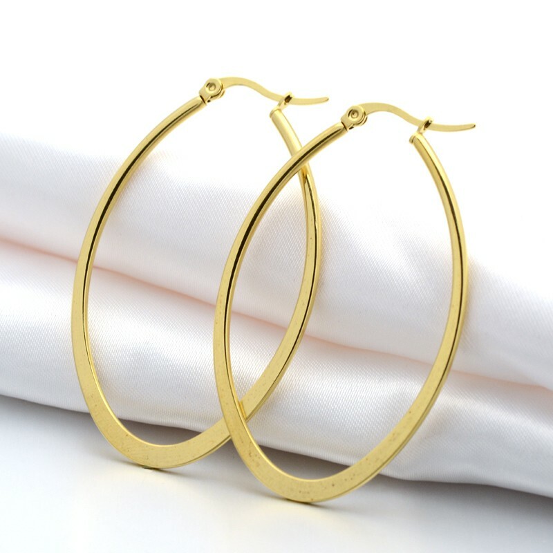 304 Stainless Steel Hoop Earring Oval Gold 58x40x2mm Pin: 1×0.6mm Z429
