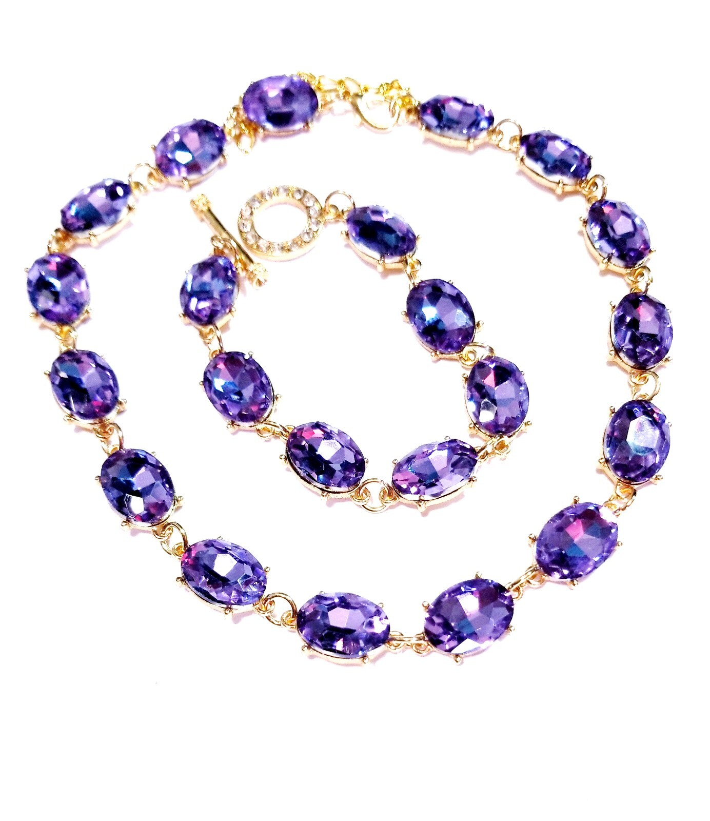 Purple Crystal Choker Rhinestone Necklace Bracelet Set Bridal Prom Pageant