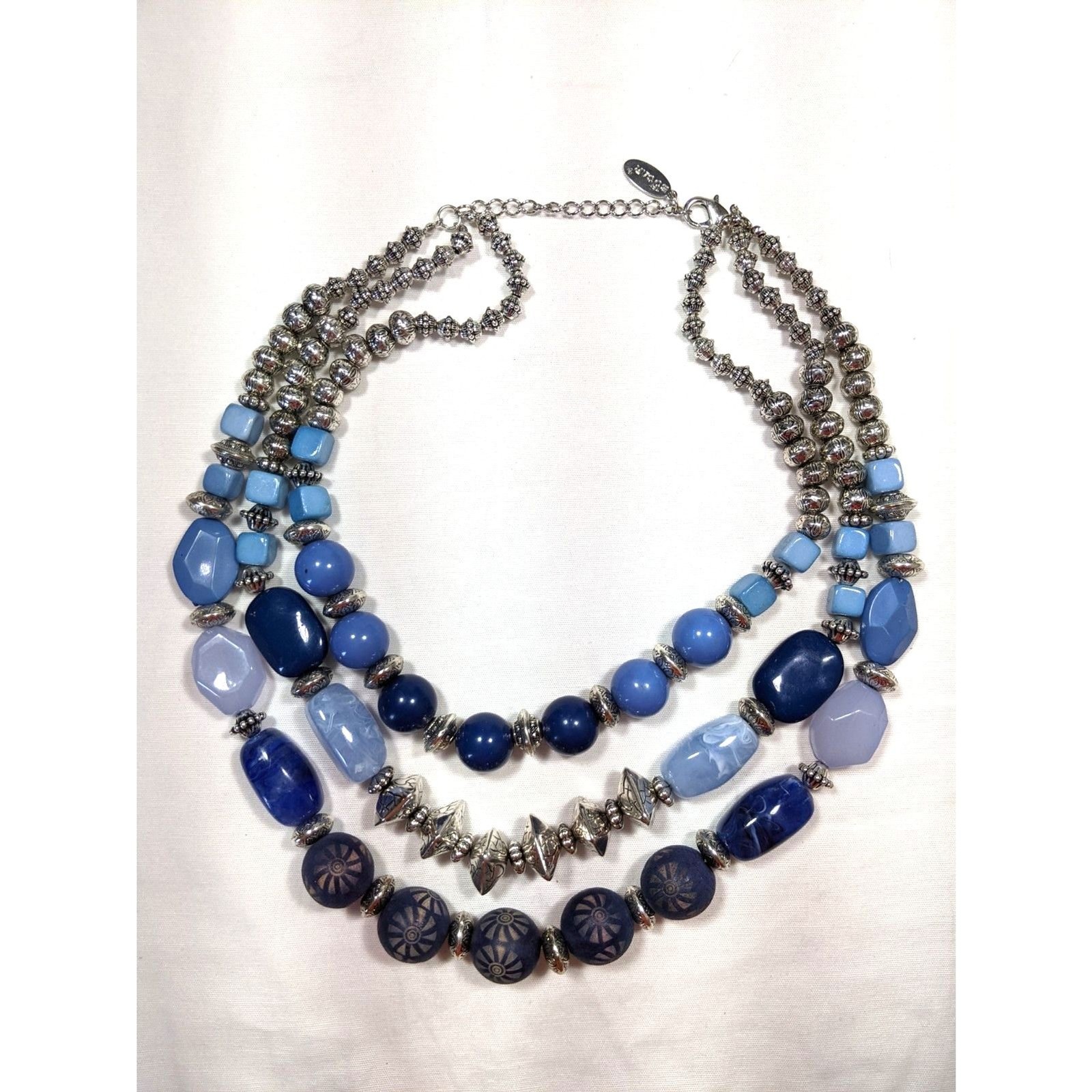 Chunky 3 Strand Necklace Festival Boho Statement Bib Blue Silver Beaded Western
