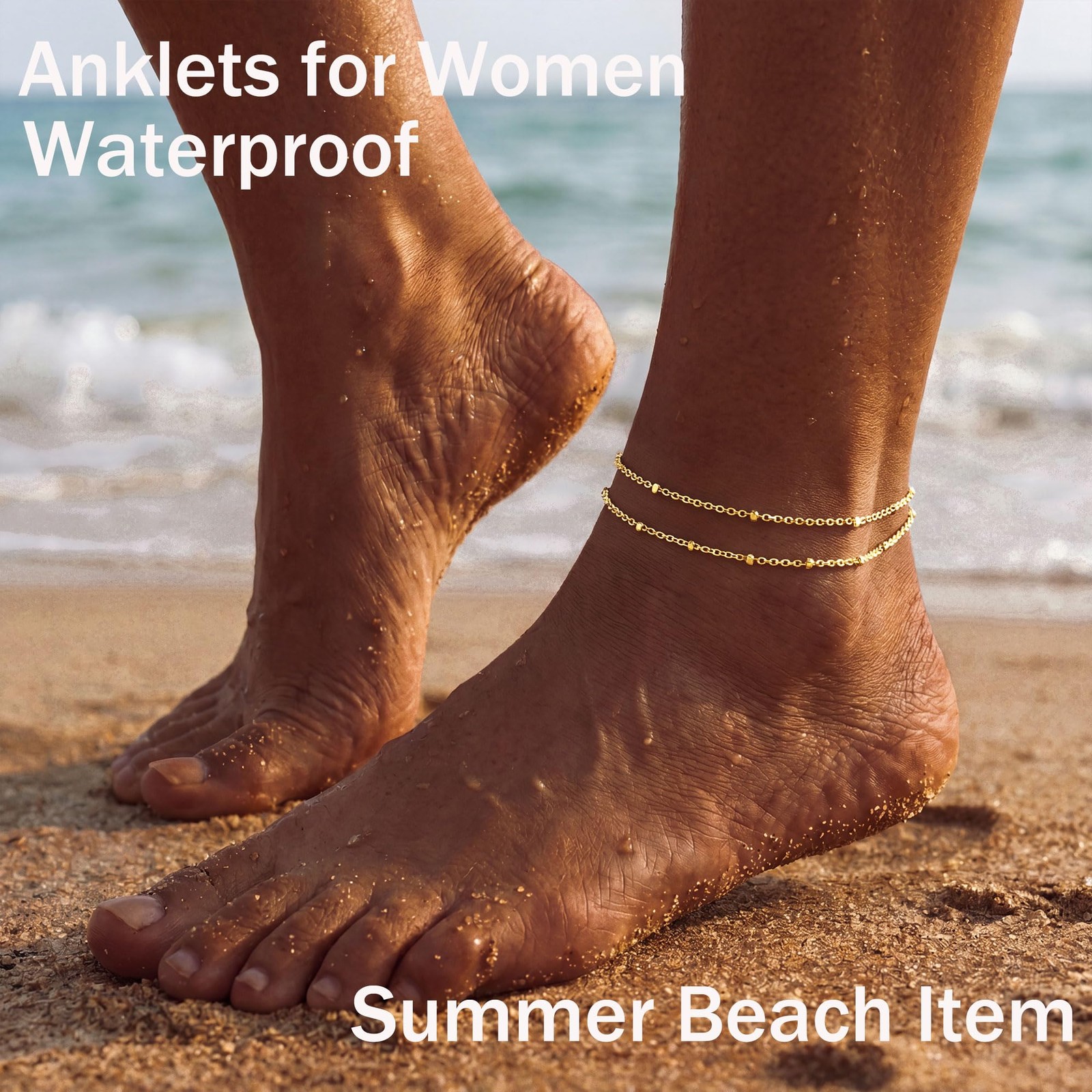 DEARMAY Gold Anklets for Women Waterproof, 14K 8.5in, LAYERED ANKLET E