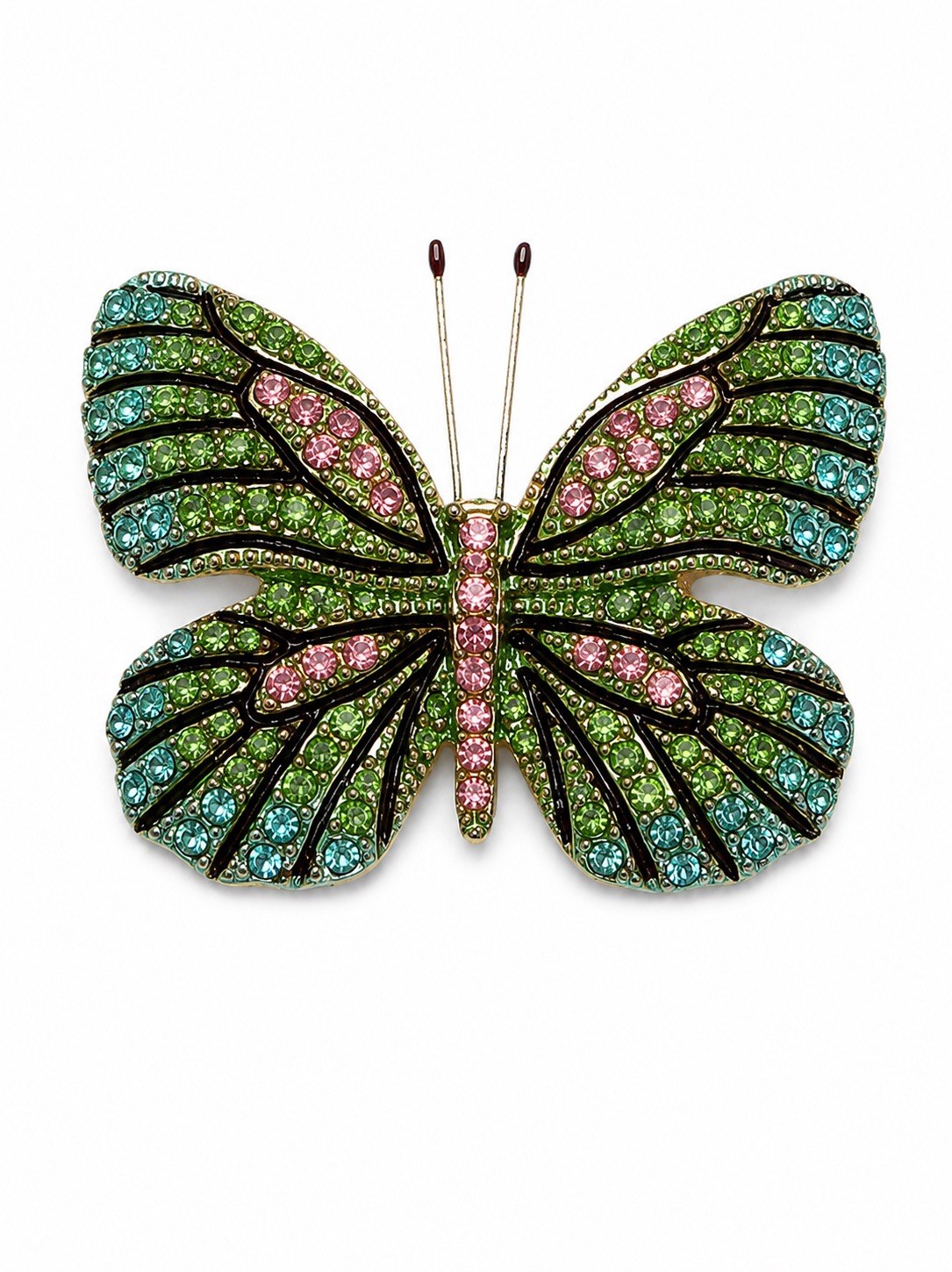 Blue Green Pink Rhinestone Gold Tone Metal Butterfly Brooch