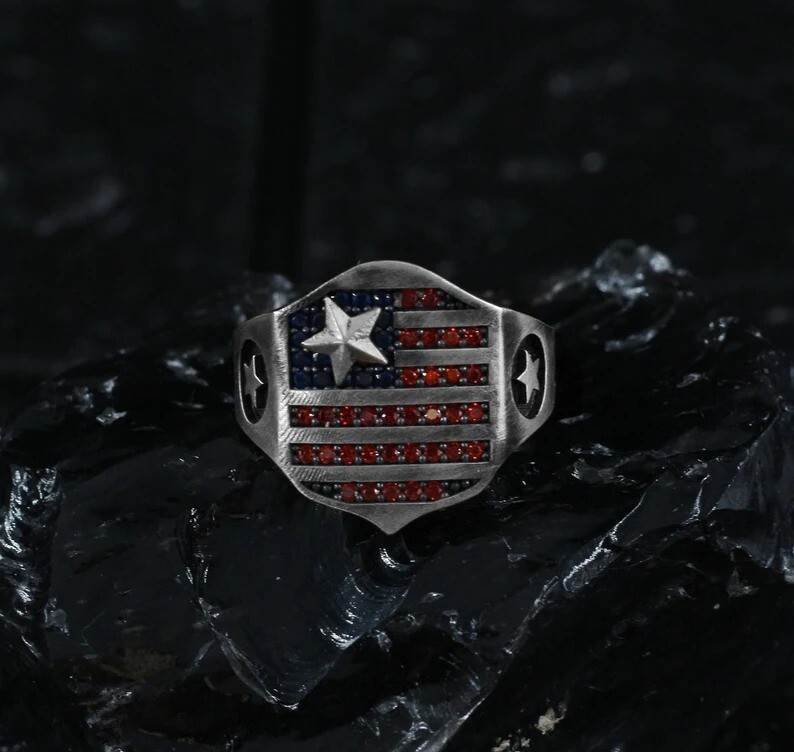 Ring USA Flag American 925 Sterling Silver Blue Red Patriotic Mens Ring