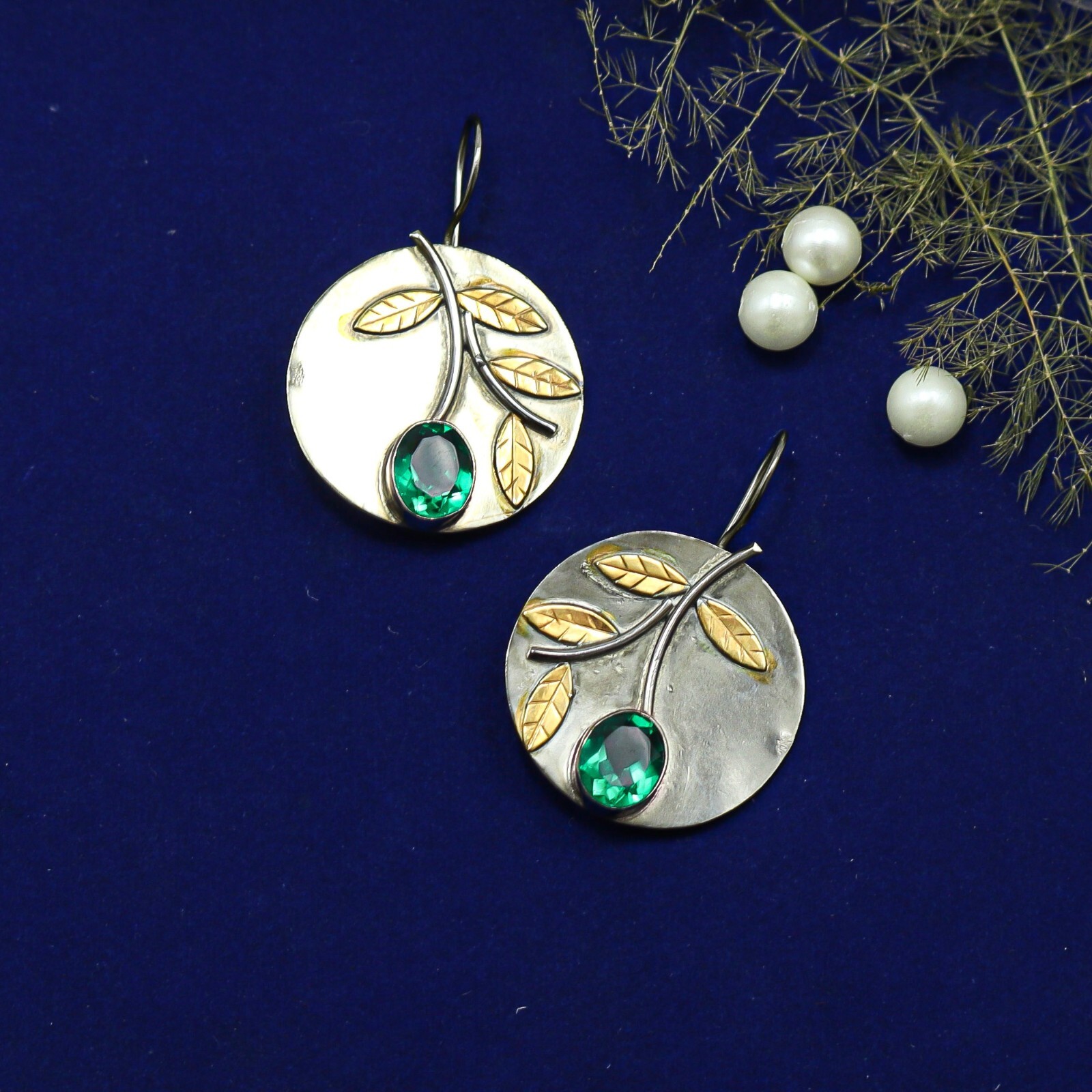Emerald Gemstone Earrings 925 Sterling Silver Handmade Boho Jewelry For Her 1.7″