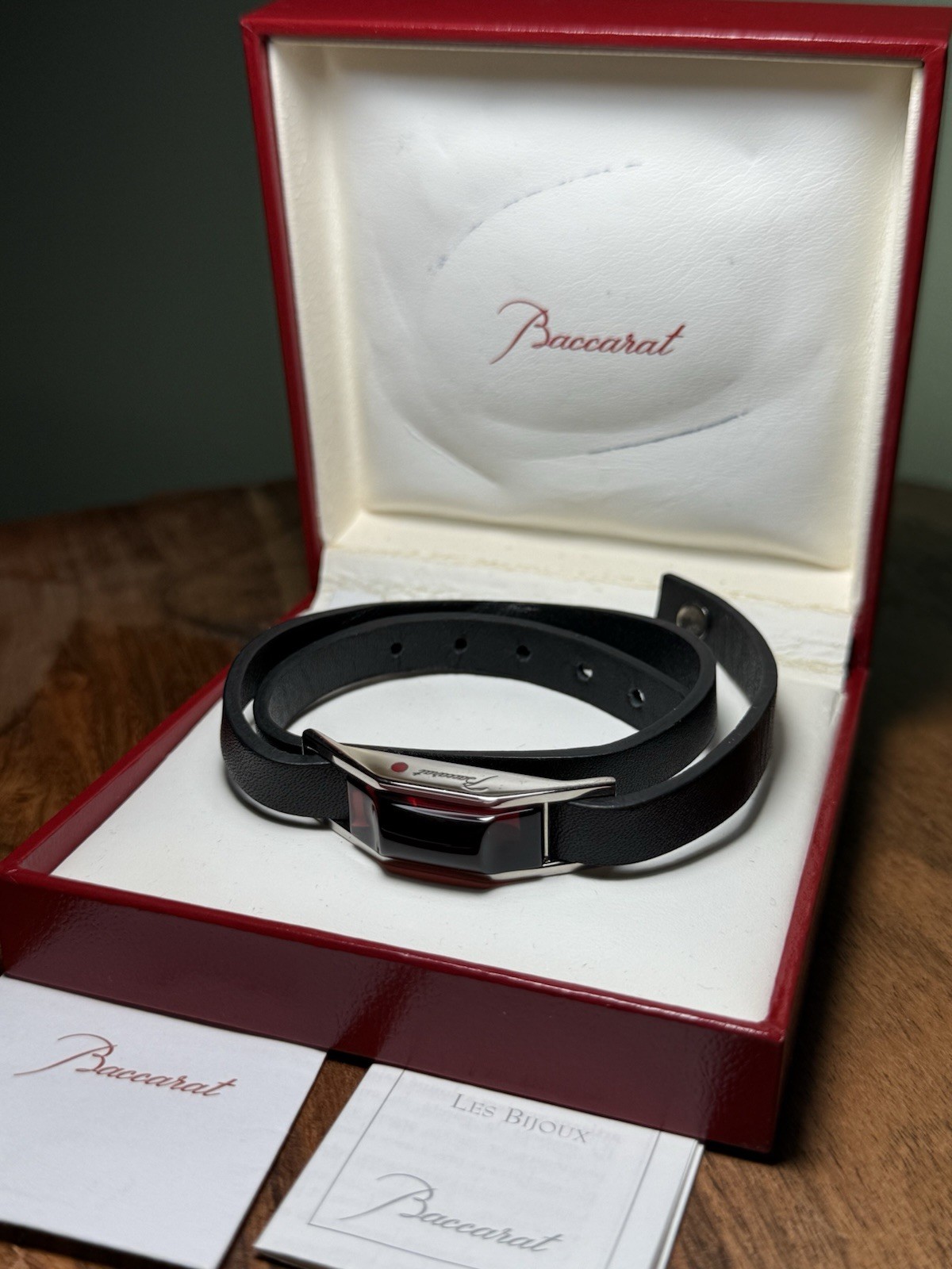 BACCARAT RED CRYSTAL LEATHER CABLE DOUBLE WRAP BRACELET AND S.S .925 / 6.5-7.5”