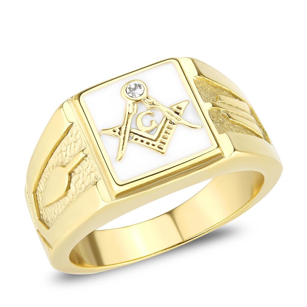 Men’s Freemason Ring, Clear Top Grade Crystal, 14K Gold Plated, Stainless Steel