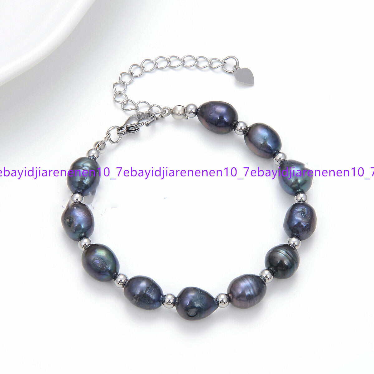 7mm-11mm Natural White Black Freshwater Baroque Pearl Rice Beads Bracelet 7.5 in