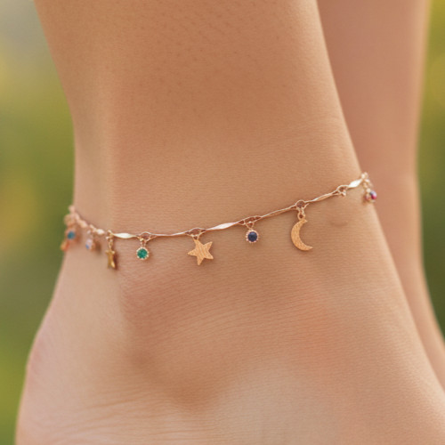 Boho Celestial Charm Anklet | Rose Gold Plated Designer Chain Anklet For Women
