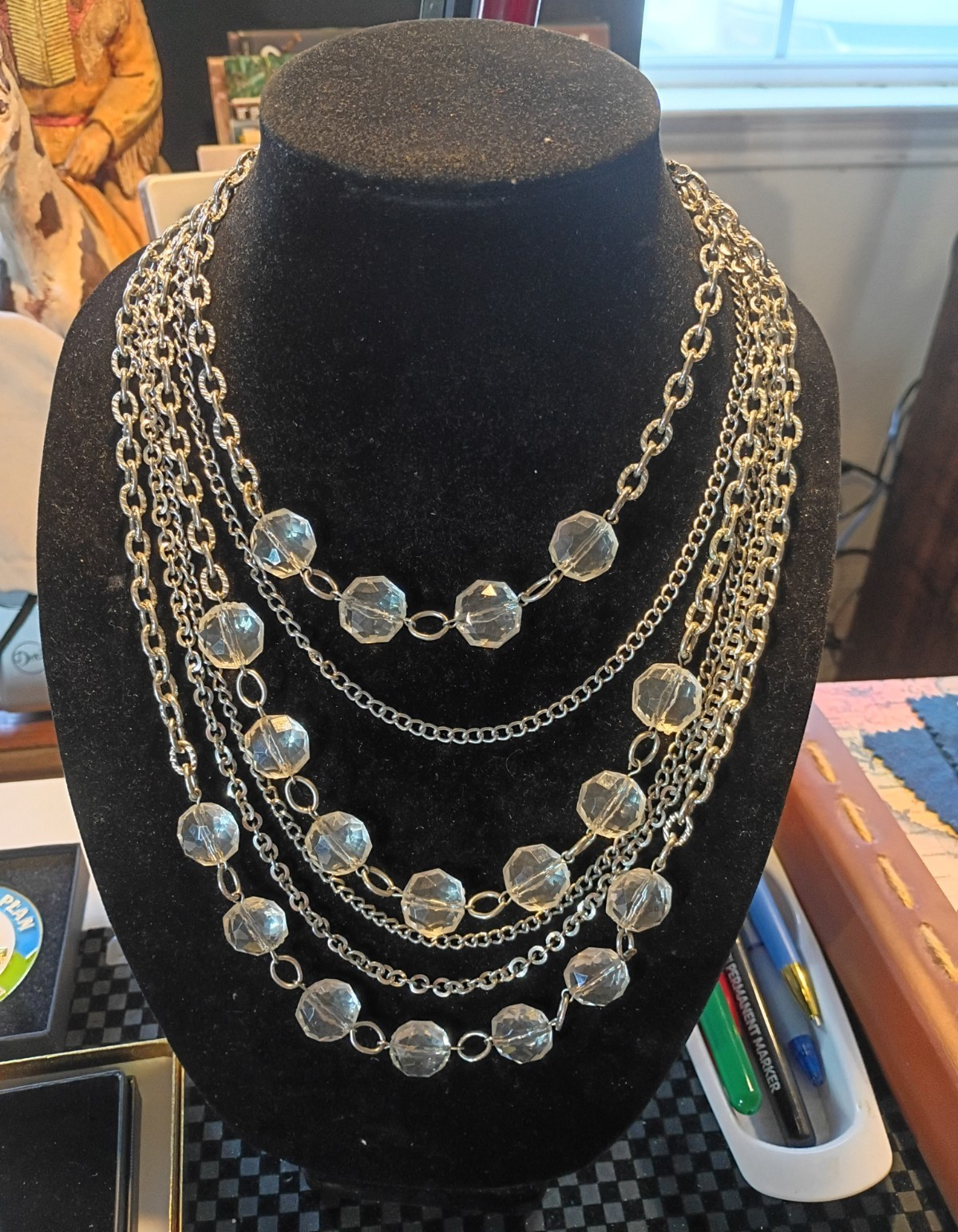 Layered Multi-Strand Silver Tone Cable Chain Necklace Clear Round Crystal Beads