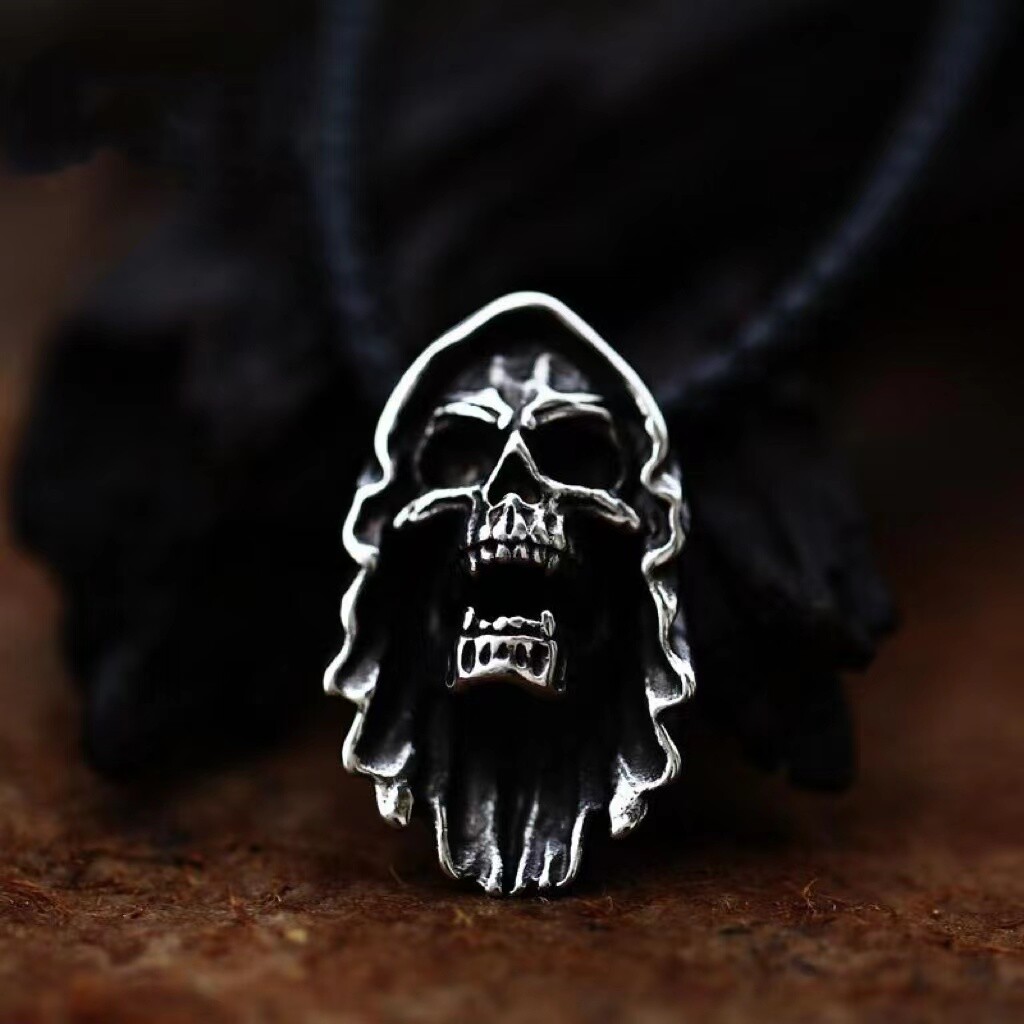 Mens Punk Silver Grim Reaper Skull Pendant Necklace Retro Rock Jewelry Chain 24″
