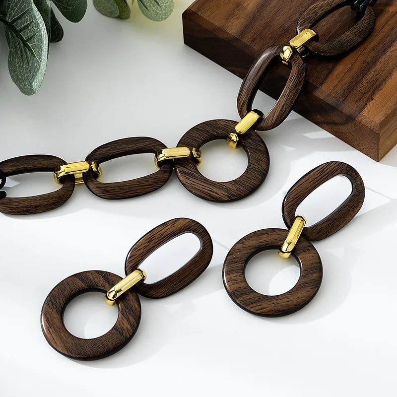 Chain Wooden Colorful Necklace Earring Set Charming Vintage