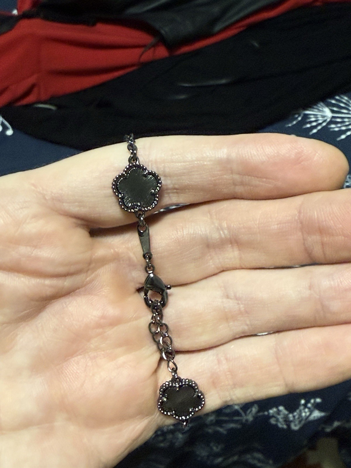 MODRSA 925 Sterling Silver Chain Bracelet Dark Gray Black Flowers Goth Witchy